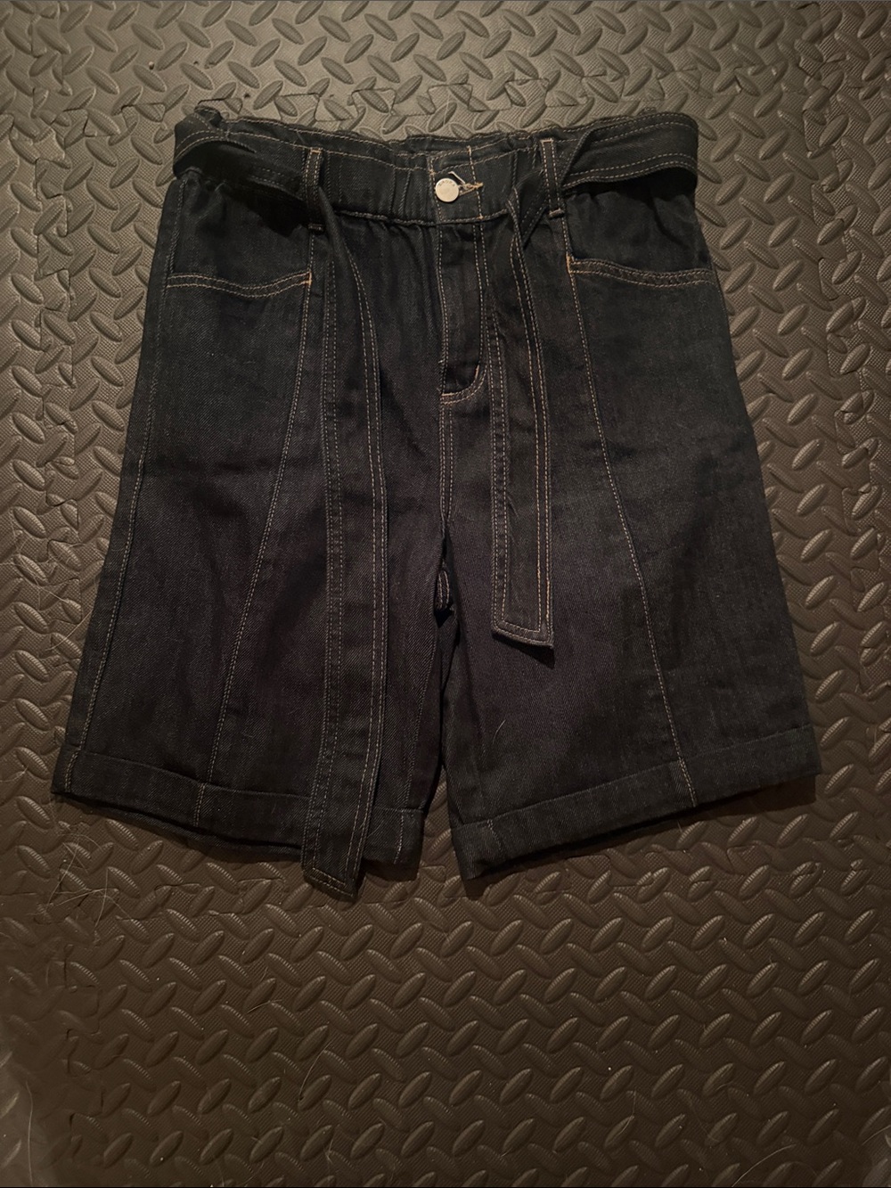 High-Rise Dark Blue Denim Belted Women's Shorts
